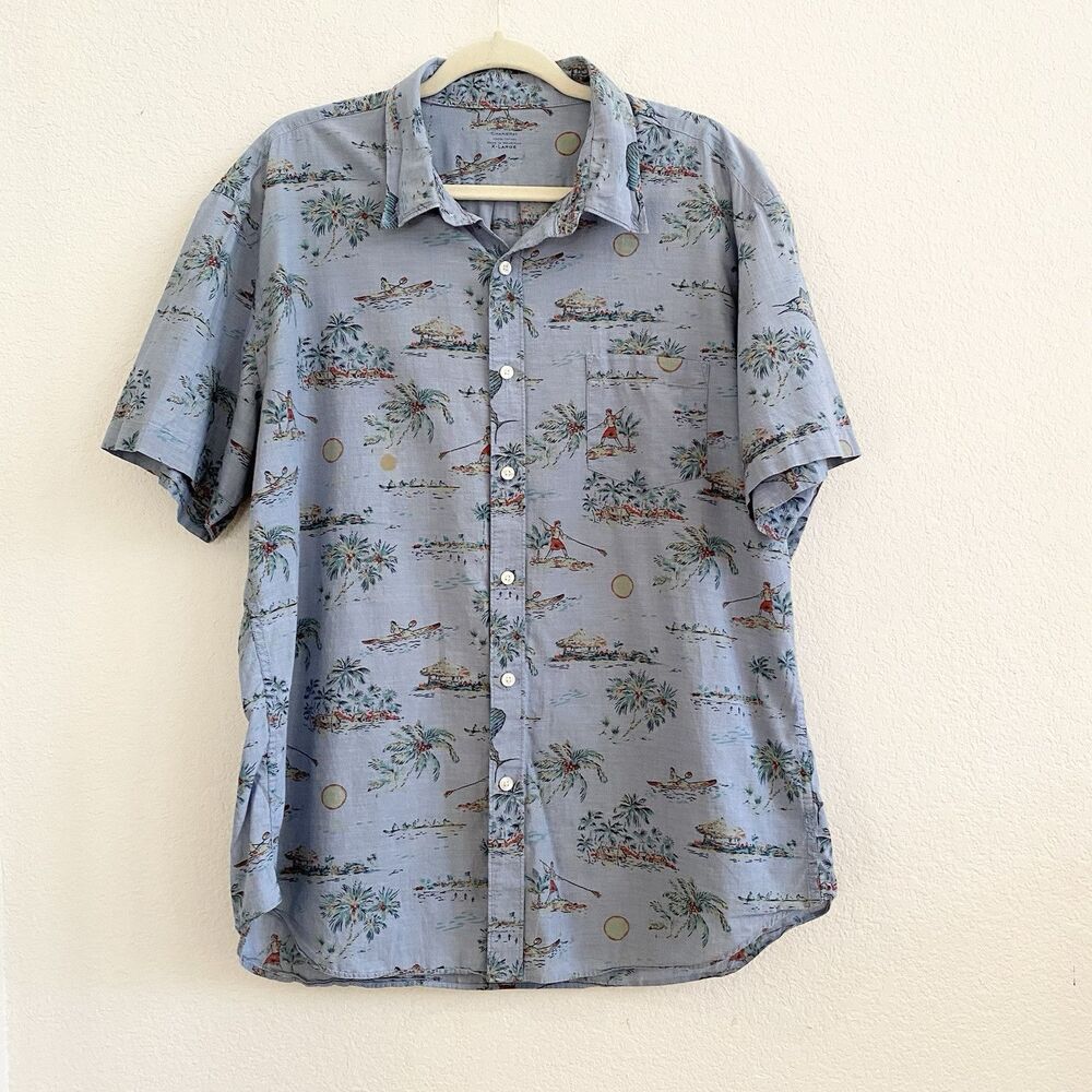 J. Crew Mens Hawaiian Palm Tree Beach Tropical Print  Shirt‎ Blue Button Down XL